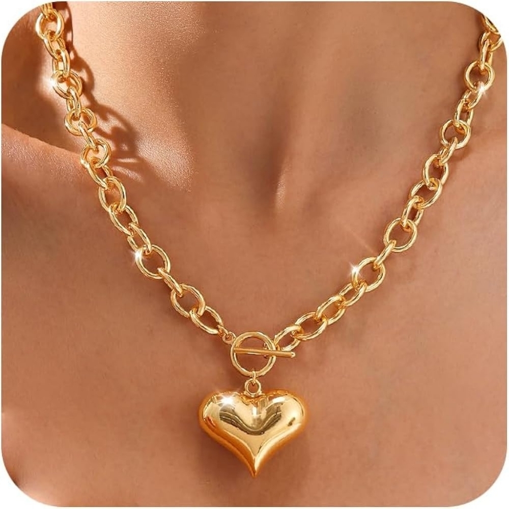 14K Gold Plated Chunky Heart Necklace - Picture 2 of 6